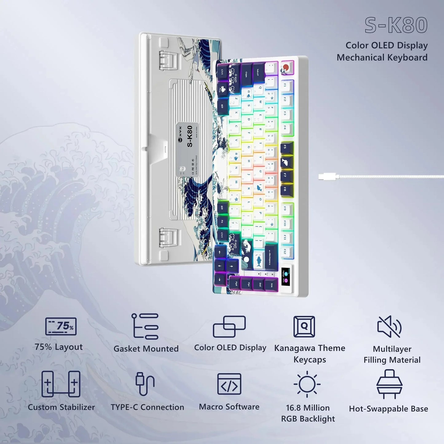 womier SK80 Gasket Mounted Mechanical Keyboard 81 Key Gamer Keyboard 75% Hot Swap RGB Gaming Keyboard with Smart Display for PC